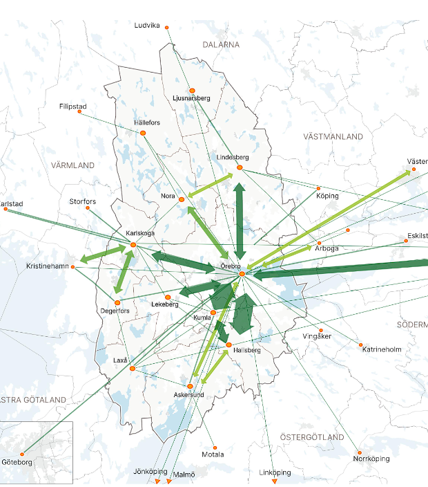 Karta med Örebro län. Pilar illustrerar mellan vilka orter personer pendlar.
