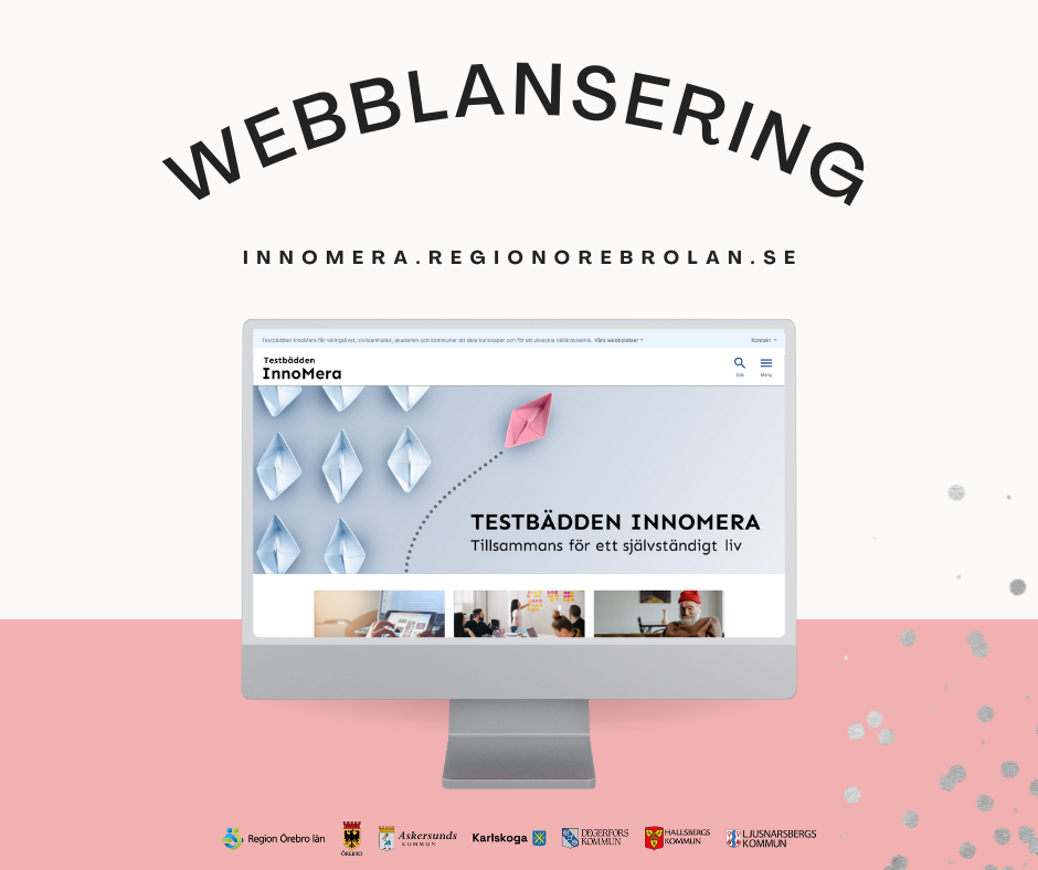 En illustration med den nya webbsidan på en datorskärm. Texten Webblansering, konfetti och alla organisationers loggor.