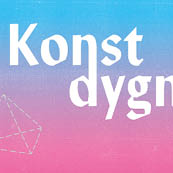 Konstdygnet logotyp på rosa och blå bakgrund