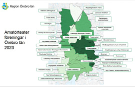 Kartbild Örebro län med amatörteaterföreningarna utmärkta i kartpunkter