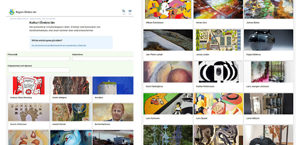 Bild som visar webbsidan Kultur i Örebro län, rubrik, ingress, sökruta och ett rutsystem av konstverk och konstnärers namn 